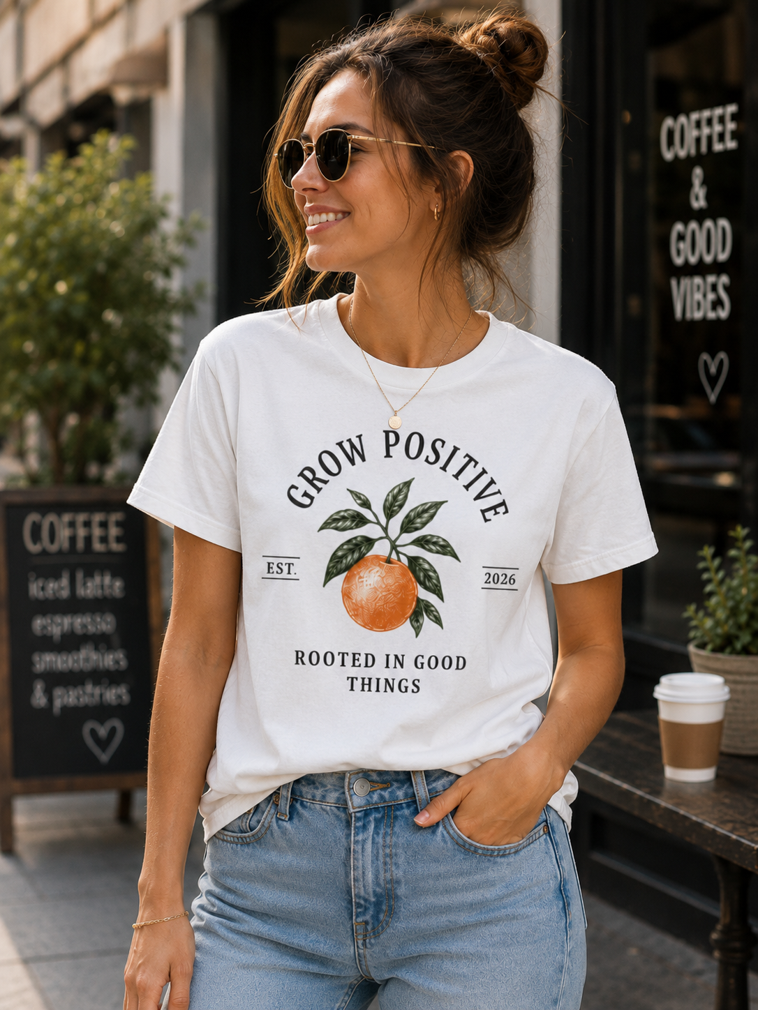 Grow Positive Graphic T-Shirt | Botanical Orange Unisex Tee | Positive Quote Shirt