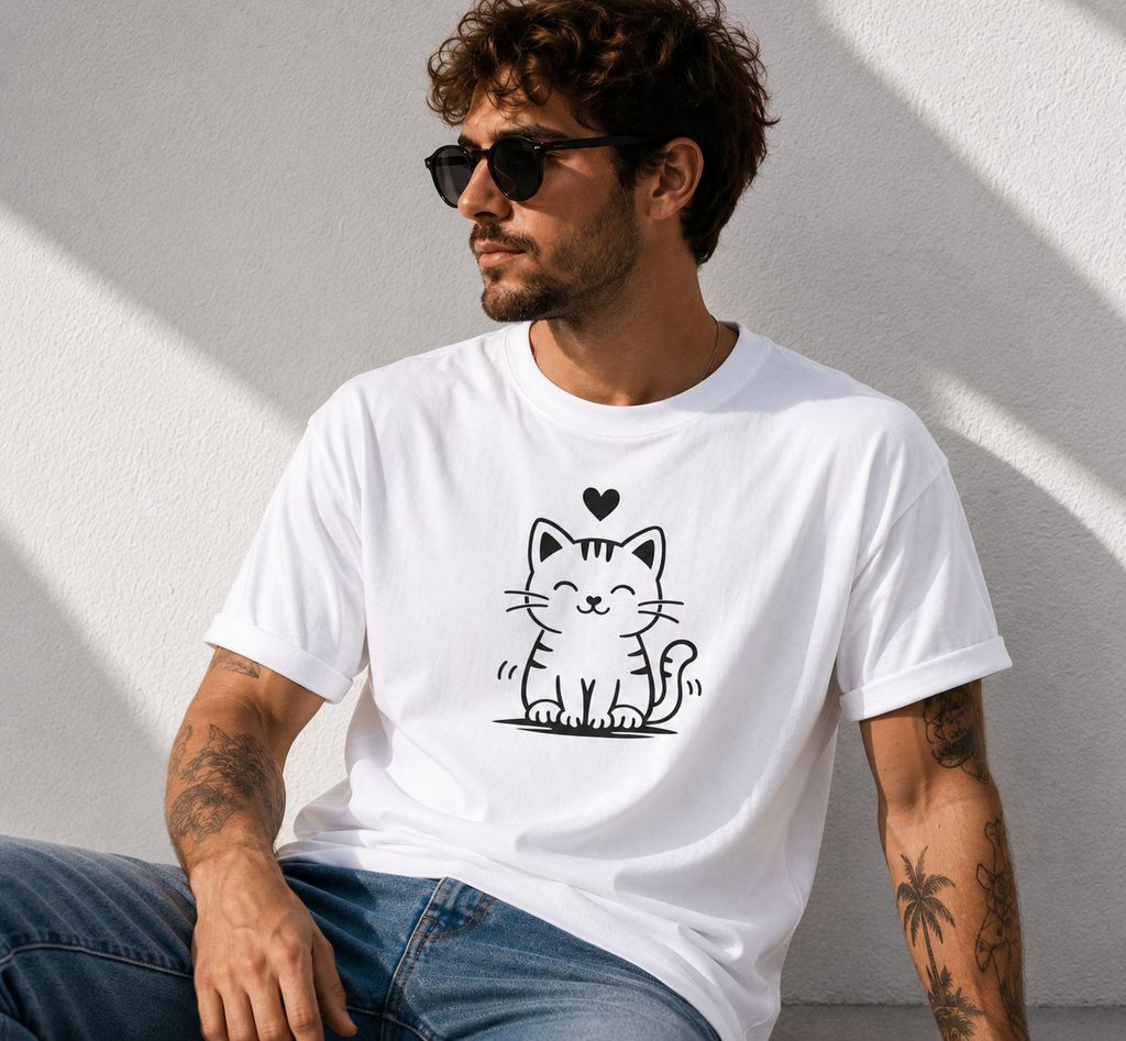 Cute Happy Cat T-Shirt | Minimalist Cat Lover Vinyl Tee | Cat Mom Gift | Kawaii Kitty Shirt