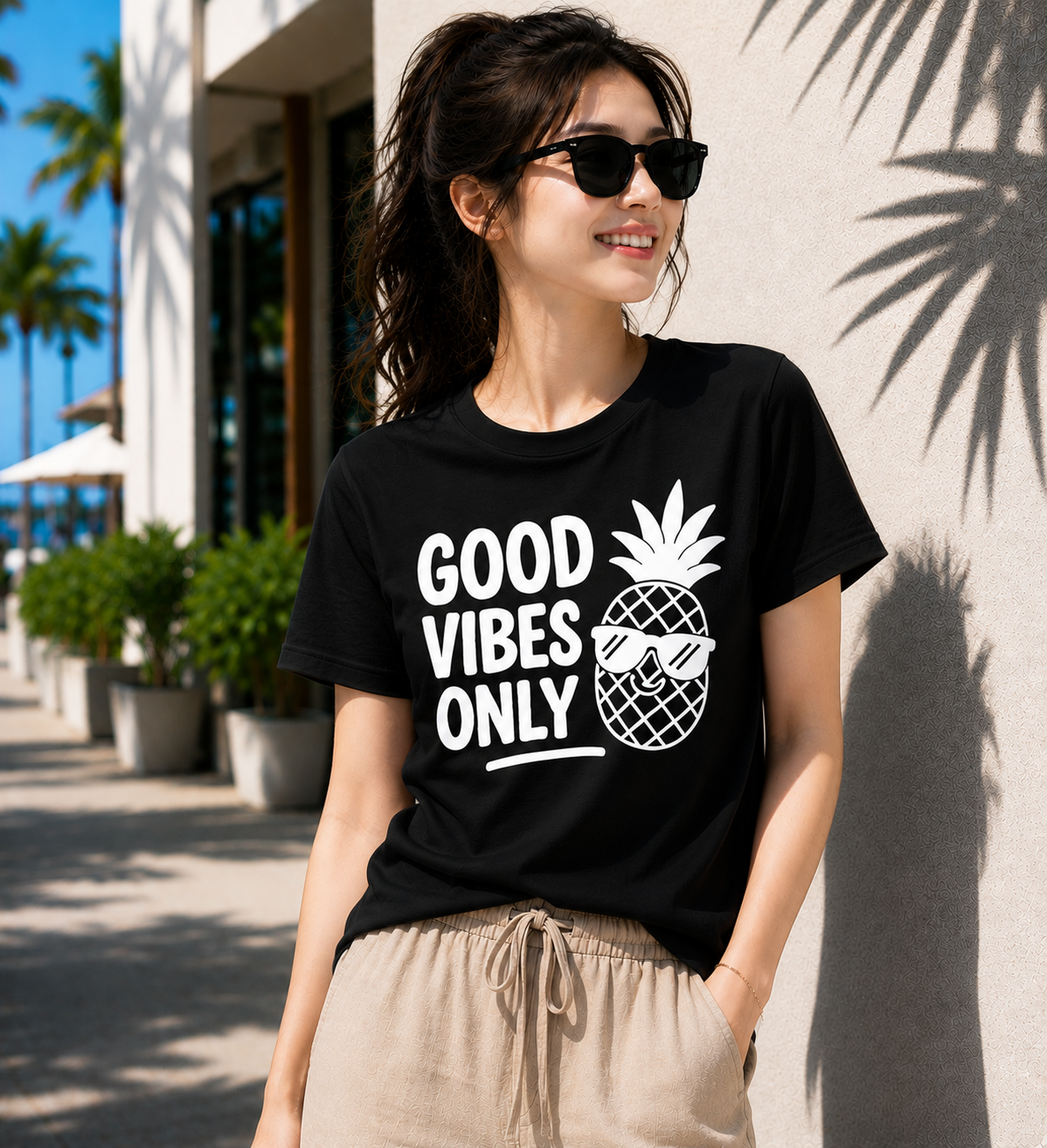 Good Vibes Only Pineapple Vinyl T-Shirt | Funny Summer Vacation Tee