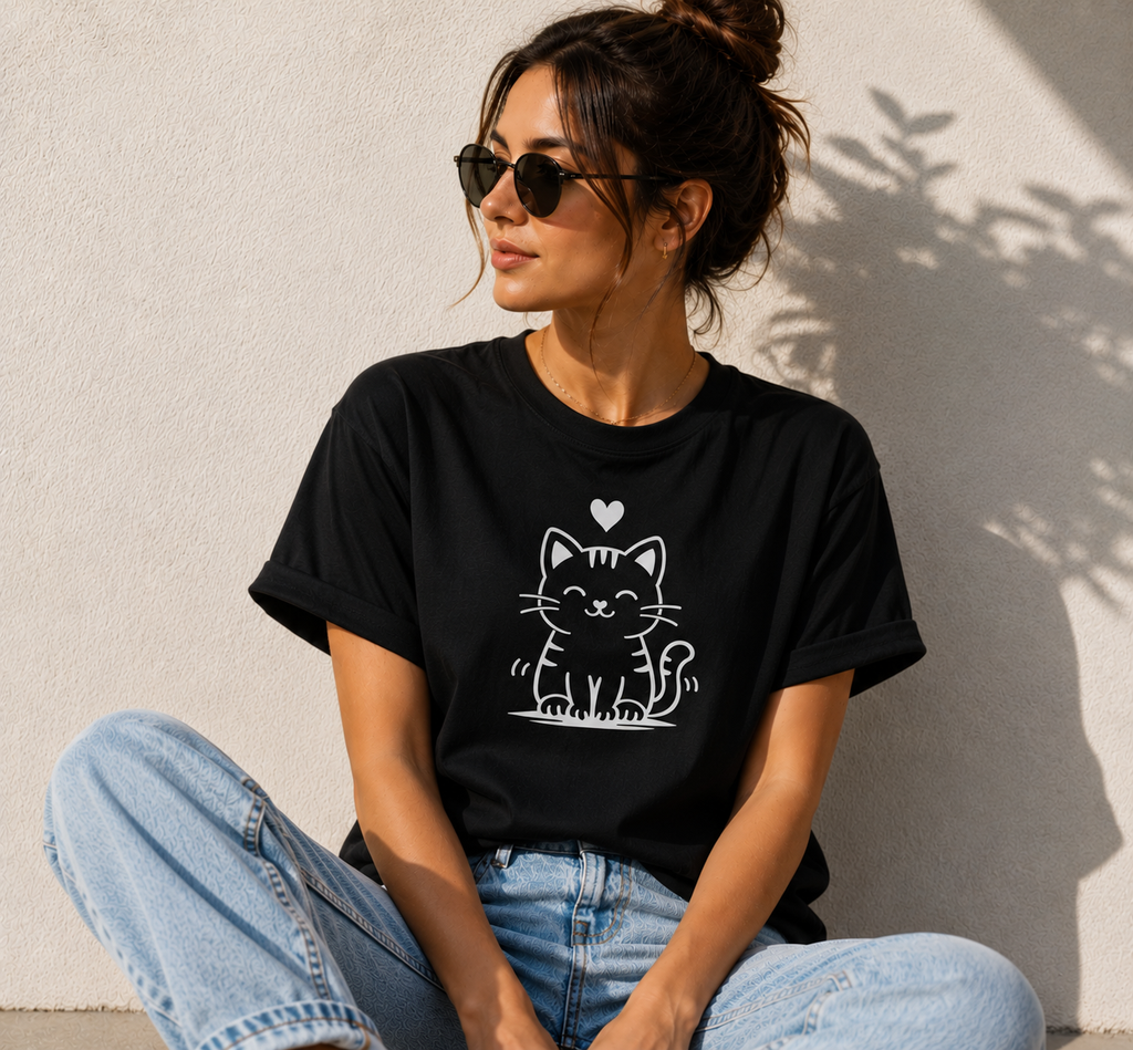 Cute Happy Cat T-Shirt | Minimalist Cat Lover Vinyl Tee | Cat Mom Gift | Kawaii Kitty Shirt