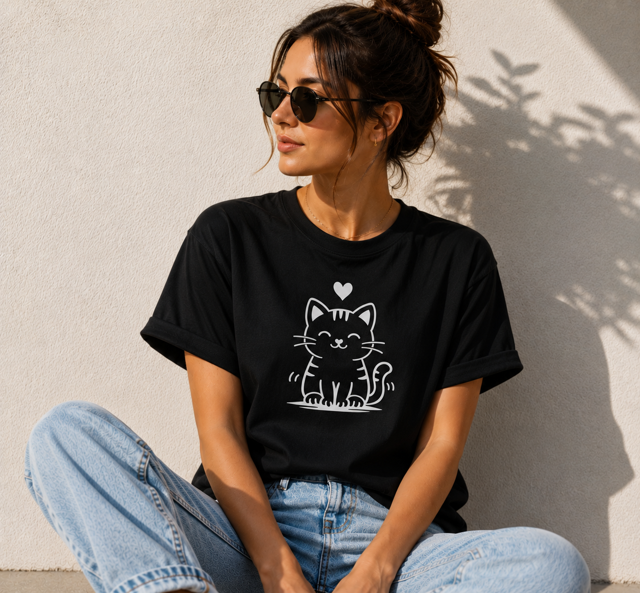 Cute Happy Cat T-Shirt | Minimalist Cat Lover Vinyl Tee | Cat Mom Gift | Kawaii Kitty Shirt