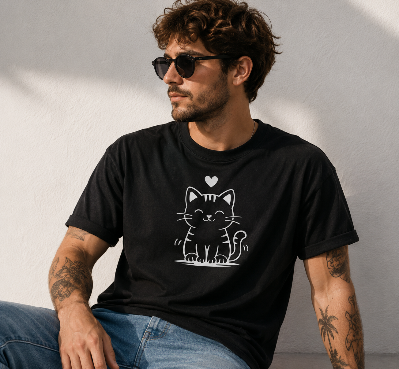 Cute Happy Cat T-Shirt | Minimalist Cat Lover Vinyl Tee | Cat Mom Gift | Kawaii Kitty Shirt