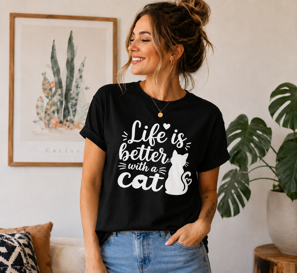 Life Is Better With A Cat T-Shirt | Cute Cat Lover Vinyl Tee | Funny Cat Mom Gift Shirt