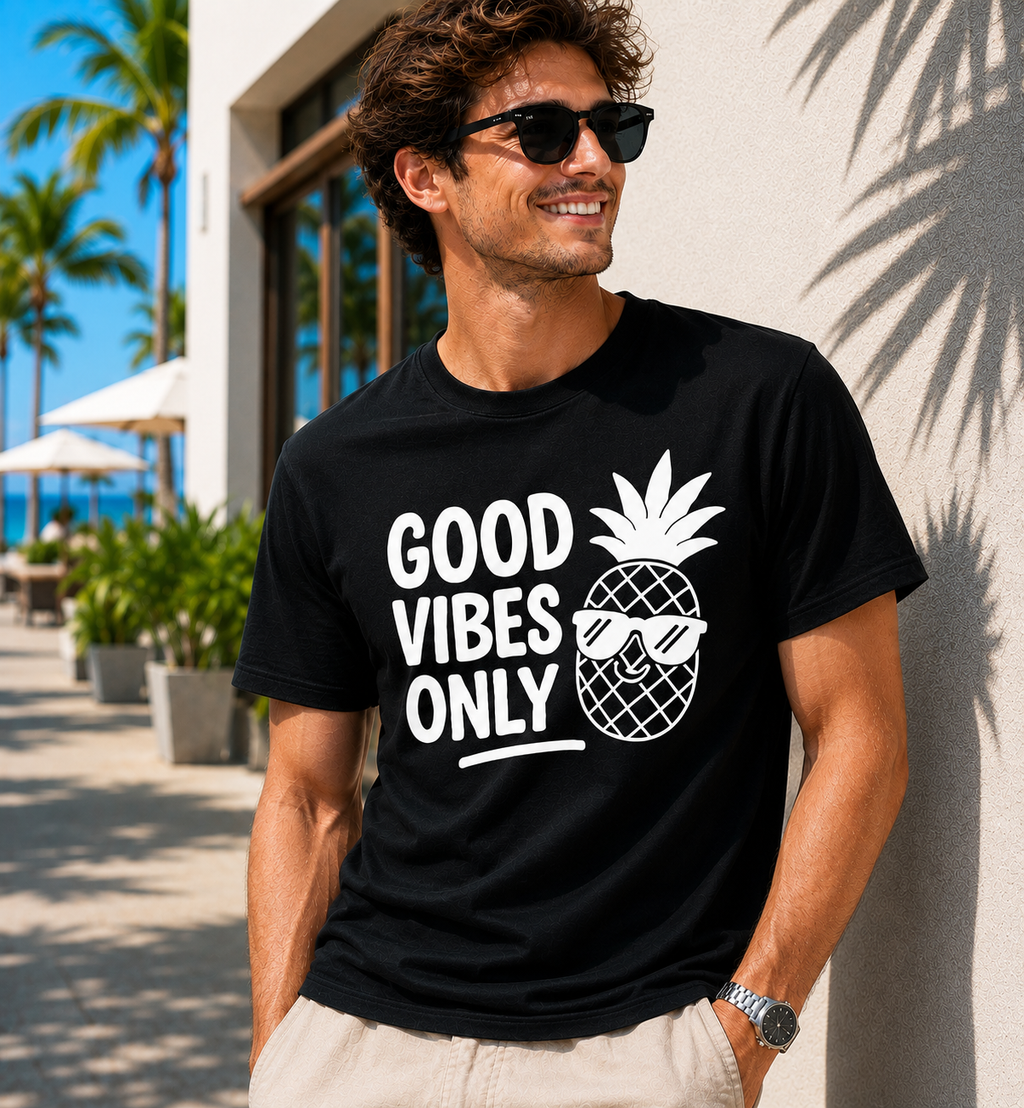 Good Vibes Only Pineapple Vinyl T-Shirt | Funny Summer Vacation Tee