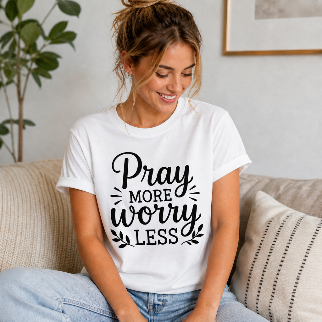 Pray More Worry Less Christian Inspirational Vinyl T-Shirt